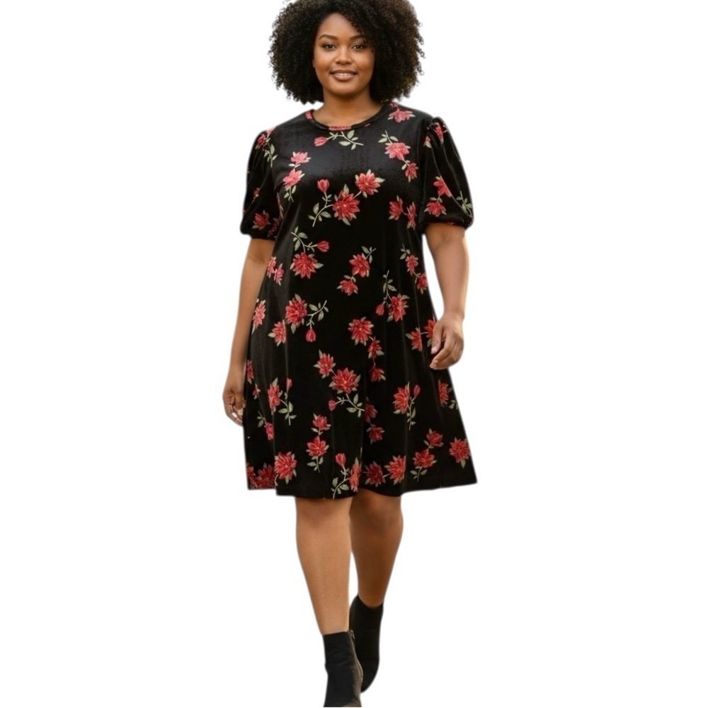 Black Velour Poinsettia Puff Sleeve Shift Dress Size XL Christmas Party~Draper